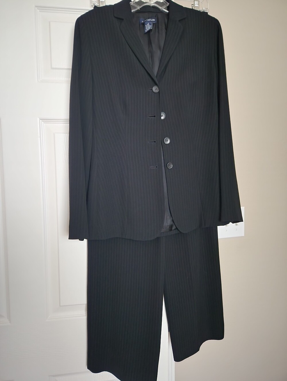 Ann Taylor 3 Piece Black Pinstripe Suit Jacket, Pants, And Skirt